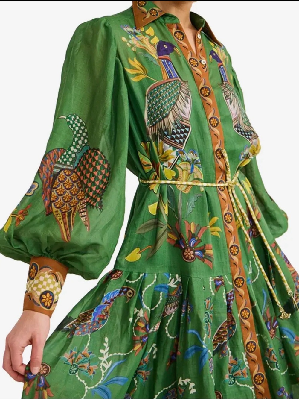 Boho Green Floral & Bird Print Maxi Shirt Dress Fall 2026 L - Picture 14 of 16
